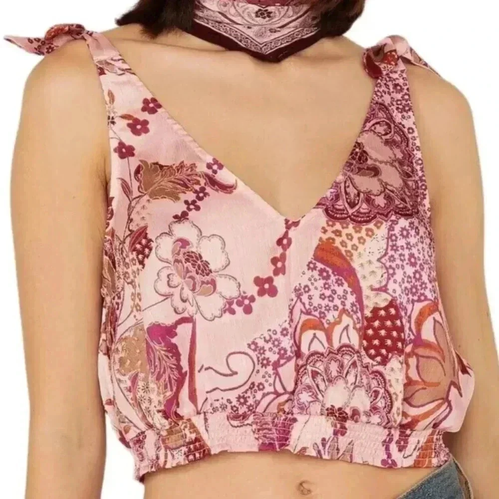 Free People Crop Top Pink Print Tie Strap
